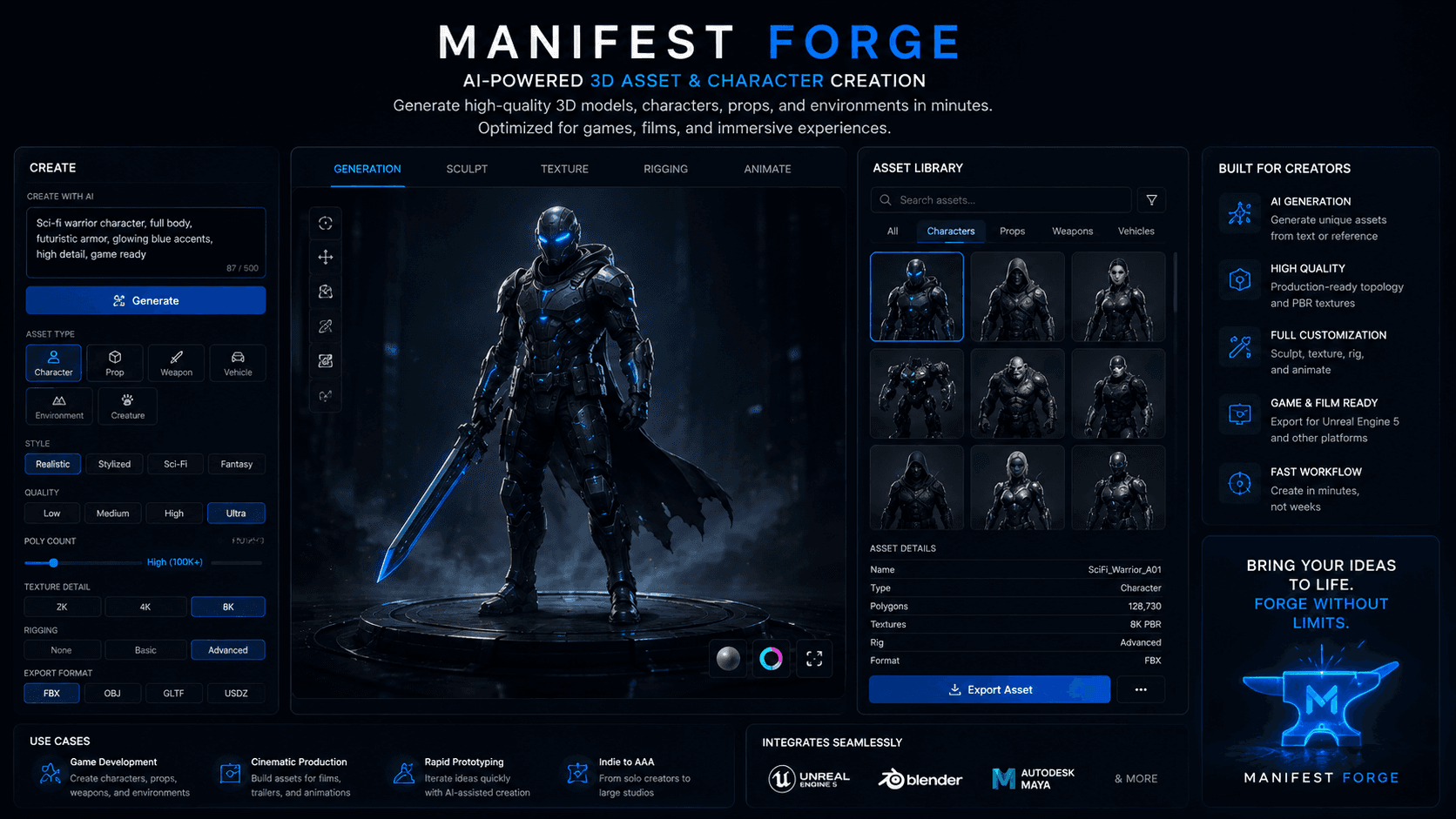 Manifest Forge interface — turning images into game-ready 3D assets